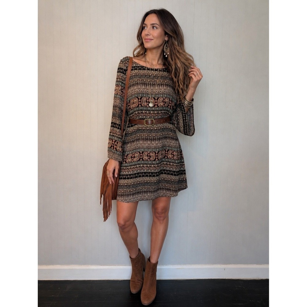 Boho Paisley Long Sleeve Mini Dress | Earth Tone | Retro Festival Style Large